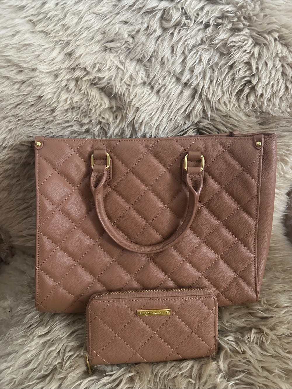 Joy Mangano Quilted Tote Bag and Wallet Set - Brown